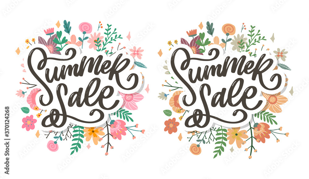 Trendy floral vector template. Summer flowers and Summer sale lettering illustration. Trendy floral vector template. Summer flowers and Summer sale lettering illustration.