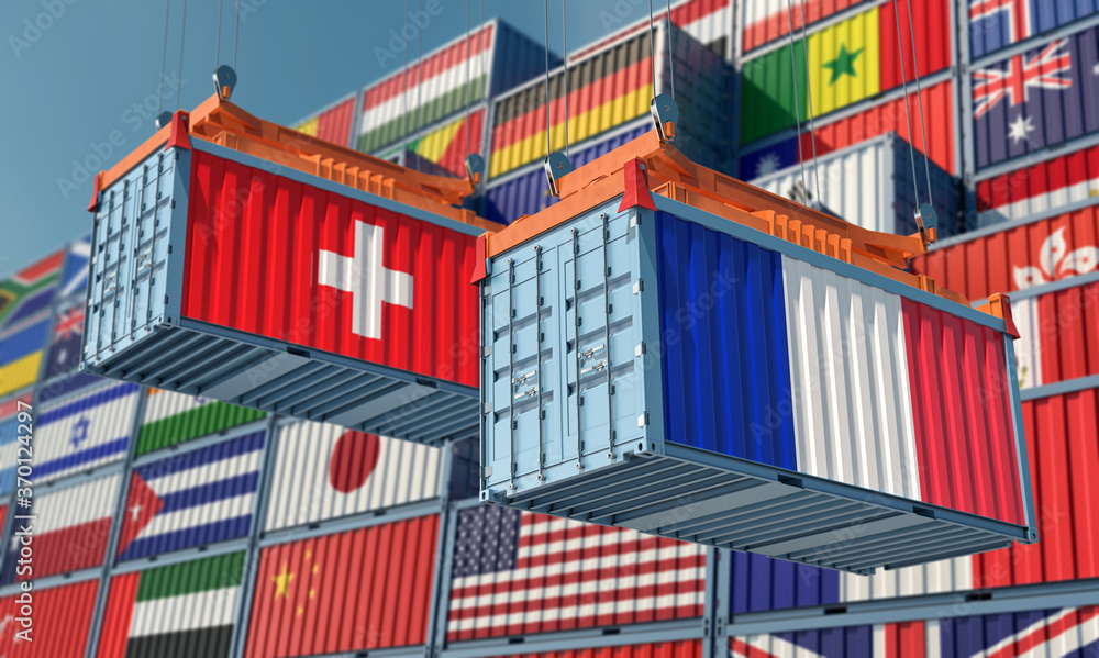 Freight containers with Switzerland and France flag. 3D Rendering 