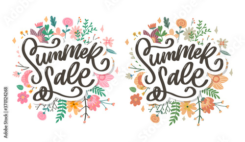 Trendy floral vector template. Summer flowers and Summer sale lettering illustration.
