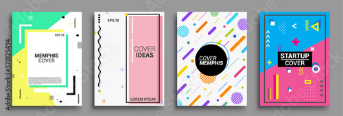 Memphis Style Poster Set. Halftone and geometric shapes patterns. Flat style Abstract Vector Design ideal for Banner, Web, Promotion, Placard and Billboard.