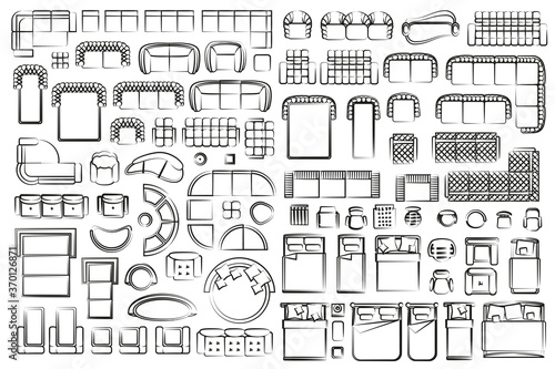 Vector linear set. Interior icons sofa, armchairs, chair, beds. Top view. Outline symbol for dining room, bedroom, office, cafe, kitchen and living room. 