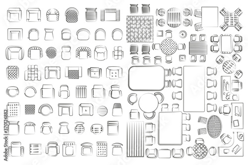 Vector linear set. Interior icon chair, armchairs, table. Top view. Outline symbol for dining room, office, cafe, kitchen and living room. 