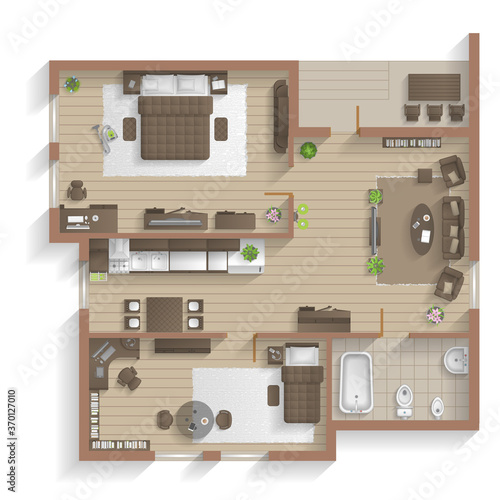 Apartment floor plan. (top view) Furnished flat. (view from above) Interior architecture. Living room, bedroom, kitchen, bathroom, office. 