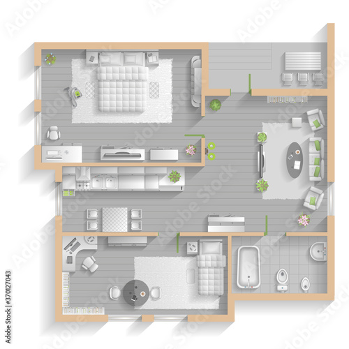 Apartment floor plan. (top view) Furnished flat. (view from above) Interior architecture. Living room, bedroom, kitchen, bathroom, office. 