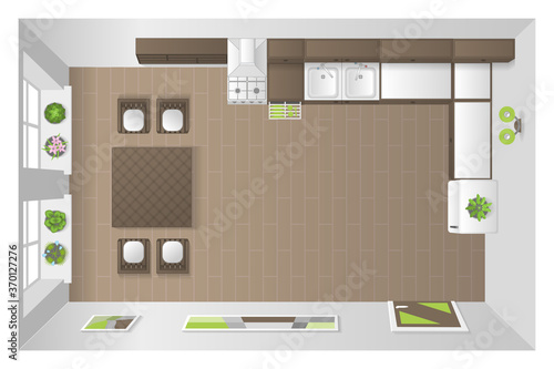 Kitchen view from above.
Kitchen table and chairs, stove, sink, cupboards, fridge. Top view.