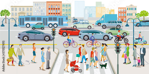Stadt mit Straßenverkehr, Wohnhäuser und Fußgänger auf den Bürgersteig