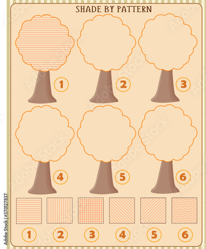 Handwriting practice worksheet. Educational children's game, shade the trees according to the pattern.Печать