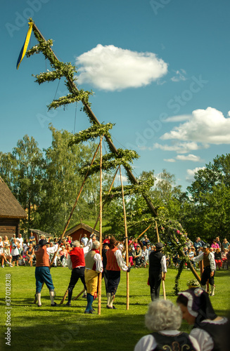 Raising of a midsummer pole duringa a traditional celebration of swedish midsummer in the small town of Skara