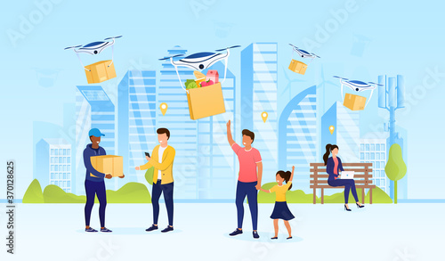 Happy citizens receive their parcels in the city. Express drone delivery concept. Digital consumer marketing. Futuristic quadcopters over the city. Perfect for landing page web design. Flat Vector