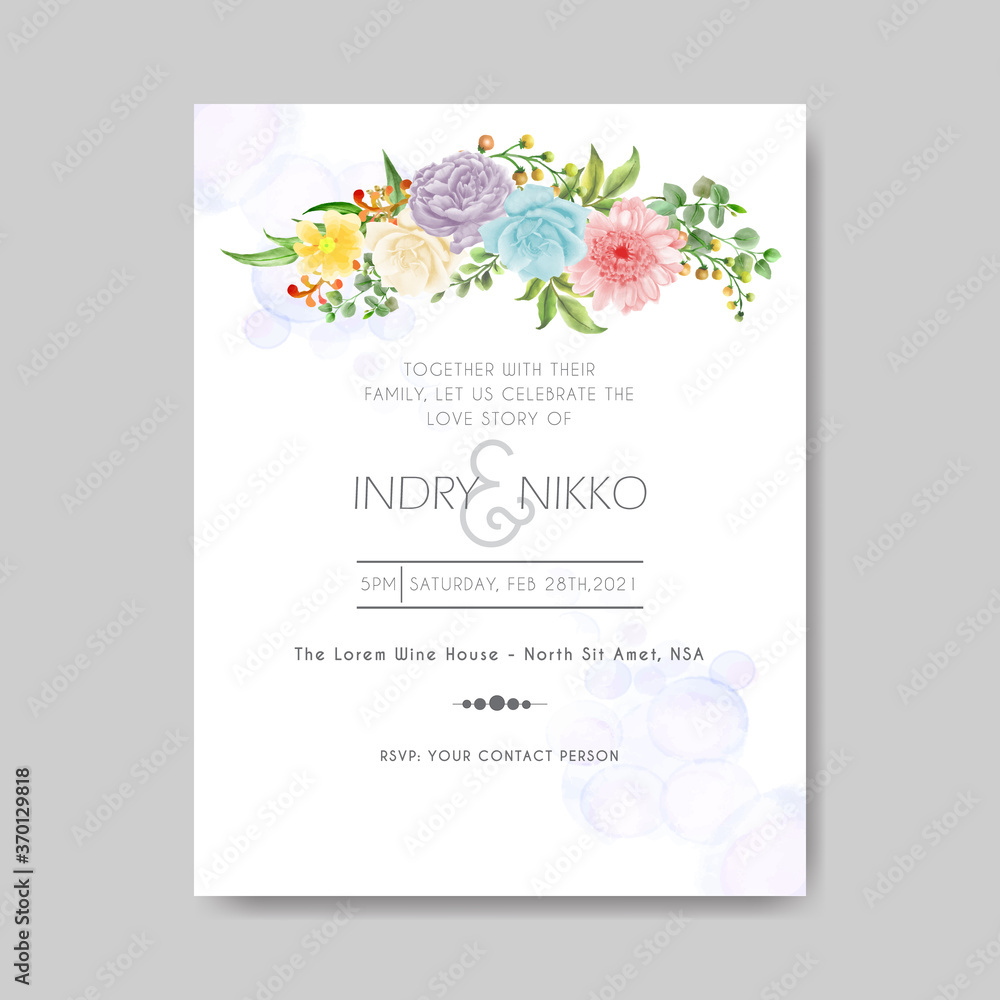 wedding invitation template with beautiful floral watercolor