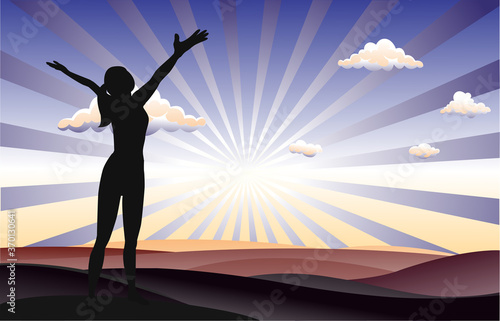 Successful woman standing on filed with arms open  and sunshine background.