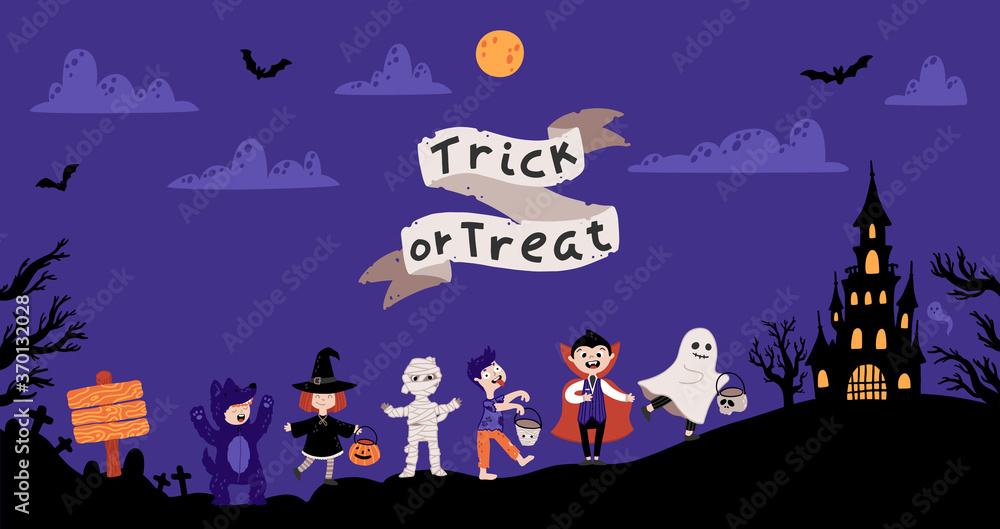 Halloween Kids Costume Party. Kids in various costumes for the holiday. Night sky background, a silhouette of a castle and cemetery. Cute childish illustration in cartoon hand-drawn style. Lettering.