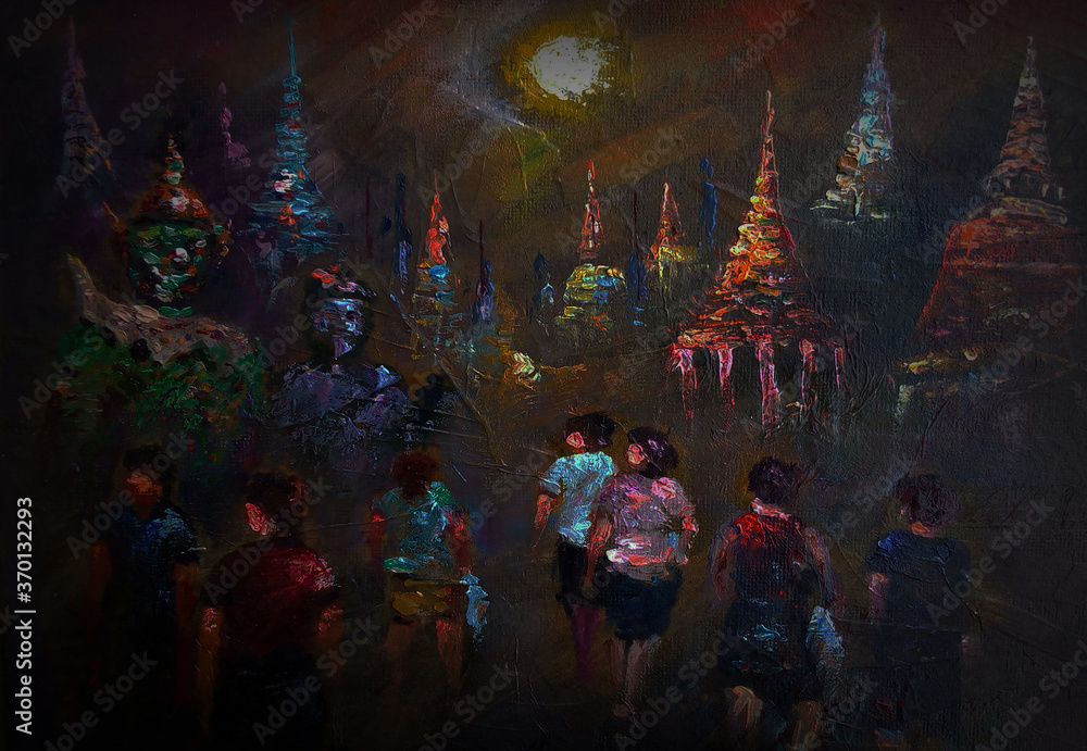 Art painting Oil  Color  People walking in the temple from thailand
