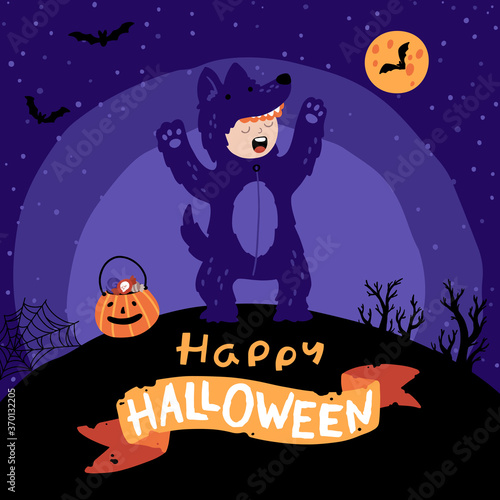 Halloween Kids costume party. A Kid in a werewolf costume with a bucket of sweets. Night sky background, silhouette magic forest. Cute childish illustration in cartoon hand-drawn style. Lettering.
