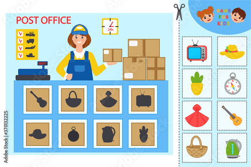 Educational worksheet for children. Game for Kids. Find items in the picture. Post office. Logic puzzle game. Activity for pre school years kids and toddlers