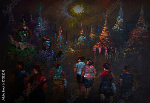 Art painting Oil Color People walking in the temple from thailand