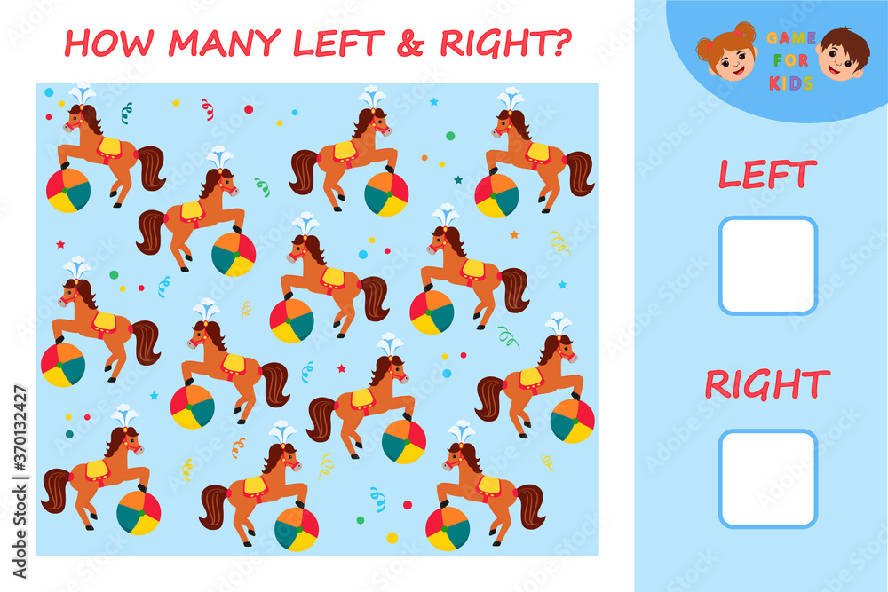 Educational game for children. Left and right. Kids activity with cartoon circus cute horse. Template Vector Illustration
