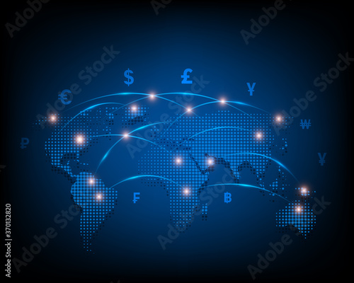 Global currency icon exchange network on blue background eps10 vector illustration