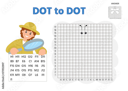 Game tasks for kids. Draw points by coordinates and connect them with lines. Insects. Preschool kids activity about learning counting number 1-10 and handwriting practice worksheet.