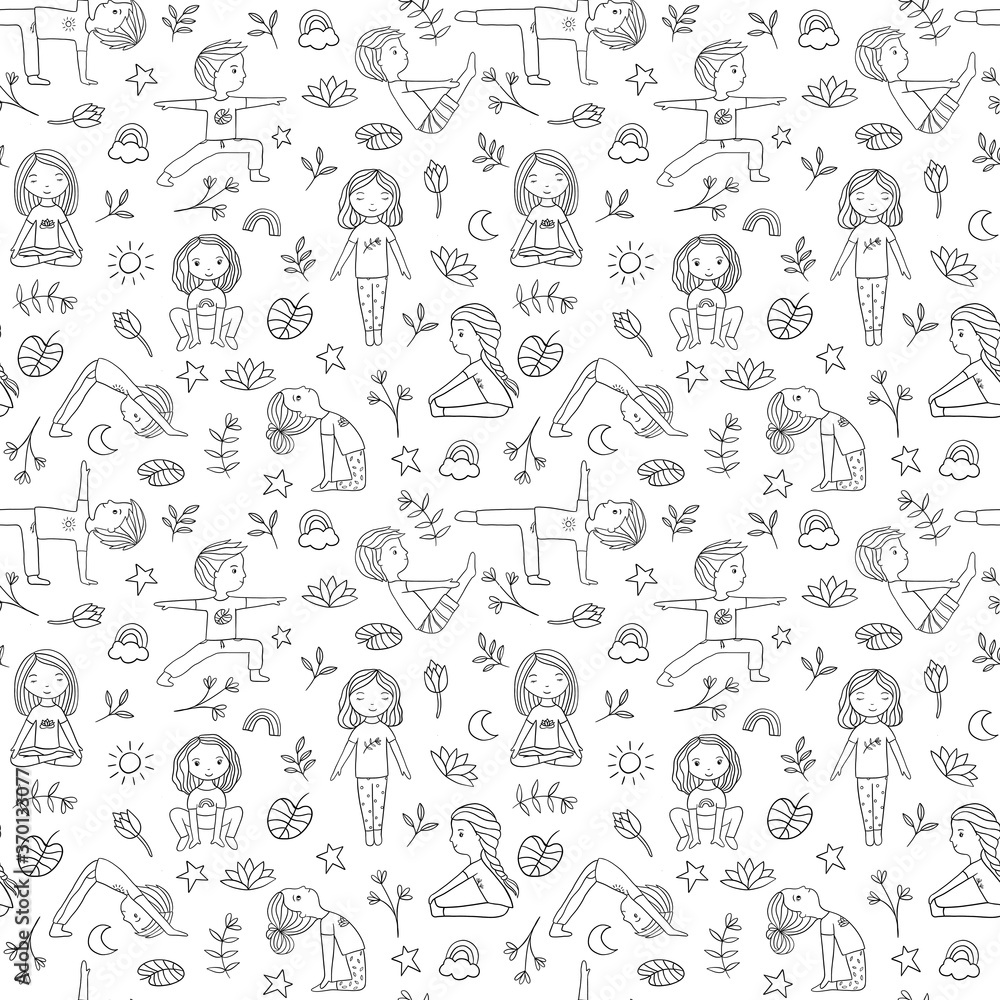 Kids yoga. Seamless pattern with children in yoga poses. Kids yoga. Seamless pattern with children in yoga poses.