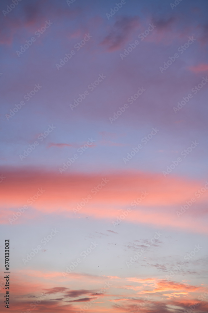 Beautiful evening blue sky at sunset with flaming bright light clouds. A warm summer evening at sunset.