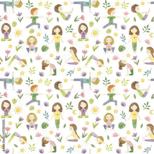 Kids yoga. Seamless pattern with children in yoga poses.