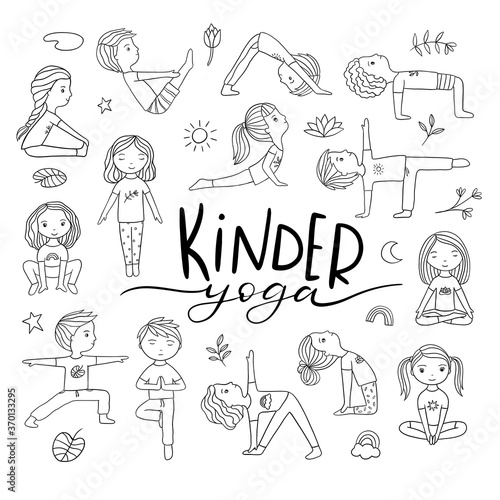 Kids yoga. Watercolor set of yoga poses boys and girls. 