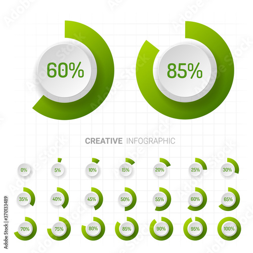 Set of circle percentage diagrams (meters) from 0 to 100 ready-to-use for web design. Vector illustration.