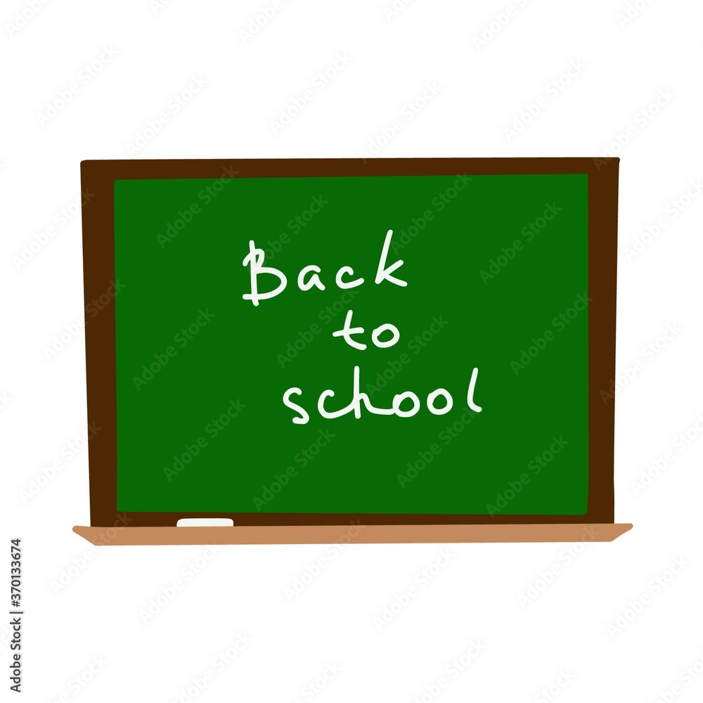 Blackboard with chalk and handwritten message back to school. A simple drawing is drawn by hand. Isolated on a white background. Color vector illustration Blackboard with chalk and handwritten message back to school. A simple drawing is drawn by hand. Isolated on a white background. Color vector illustration