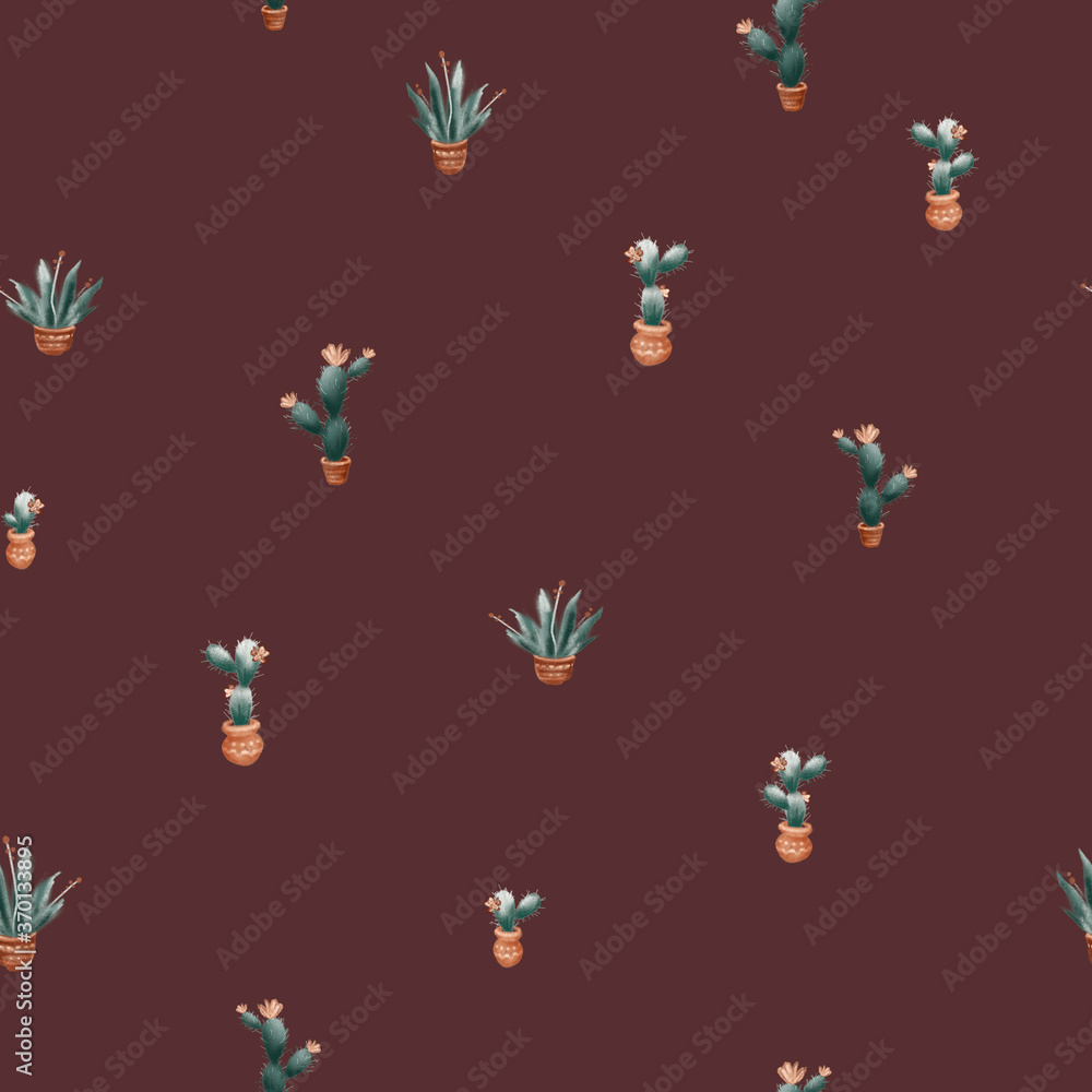 Seamless childish pattern with hand drawn cactuses in pots. Creative ethnic kids texture for fabric, scrapbooking, wrapping, textile, wallpaper, apparel.