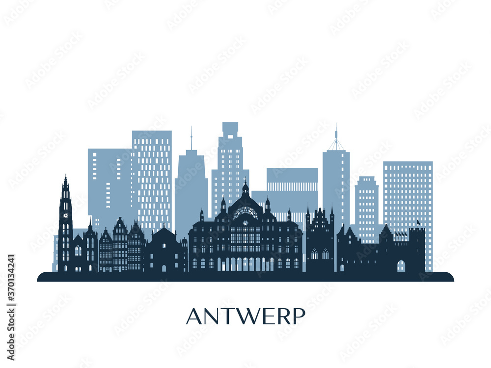 Antwerp skyline, monochrome silhouette. Vector illustration.