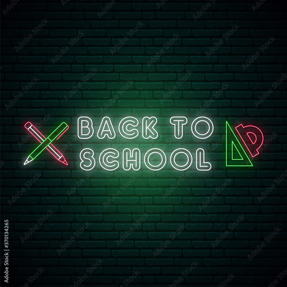 Fototapeta premium Back to School neon signboard. Bright glowing Back to School emblem on dark brick wall background. Stock vector illustration.