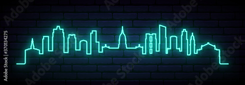 Blue neon skyline of Buenos Aires. Bright Buenos Aires City long banner. Vector illustration.