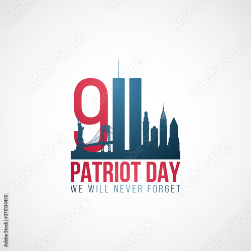 Twin Towers, 911. USA Patriot Day banner. World Trade Center. We will never forget. Stock vector illustration.