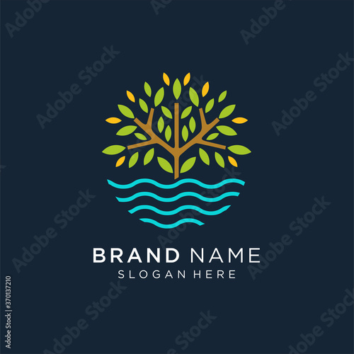 tree lake logo icon, River Tree Logo circle shape design vector template