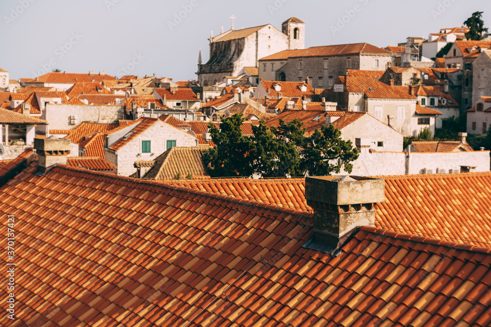 A close-up of the roof tiles of a house against the background of other houses with orange roofs.