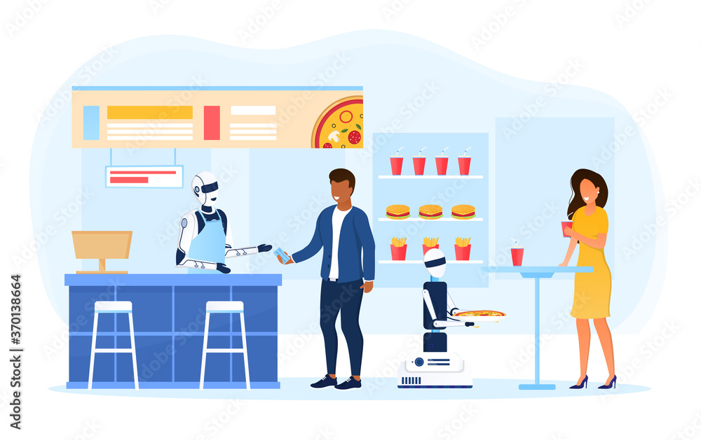 Young family with a child make an order at a fast food restaurant. A robot worker serves people in a restaurant. Futuristic concept of automated processes in catering establishments. Flat Illustration