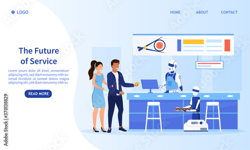 Automated service in the sushi restaurant. The humanoid robot takes orders and counts customers in the cafe. Modern technologies in the service sector Perfect for landing, web Flat Vector Illustration