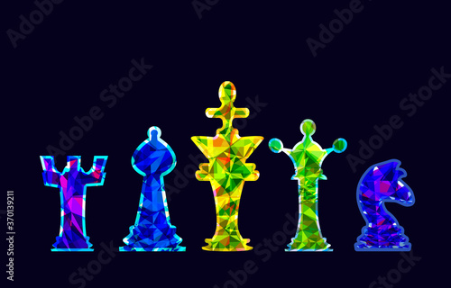 A set of vector isolated chess pieces with the texture of multicolored gems. Queen, rook, Bishop, knight, king. Transparent Topaz, diamonds, rubies, small stone figures