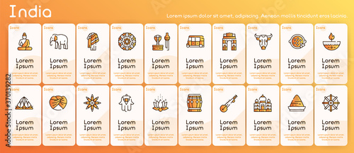 Vector color line icon round set India culture