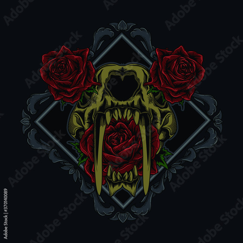 artwork illustration and t-shirt design tiger skull and rose premium vector