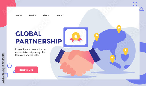 Global partnership handshake background of certificate campaign for web website home homepage landing page template banner with flat style
