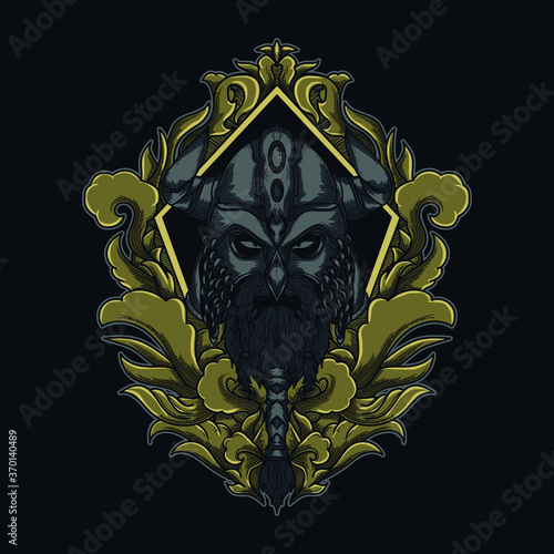 artwork illustration and t-shirt design viking head in engraving ornament premium vector