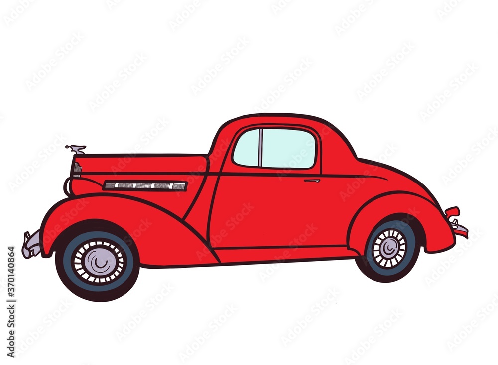 Red vintage car coupe hand drawn illustration isolated on white background. Luxury vehicle colouring book. Road car, truck, traffic. Simple line art.