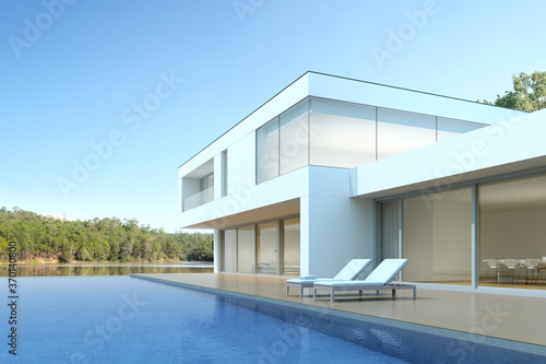 3D render of white modern house with swimming pool on lake background, Exterior with large window design. © nuchao