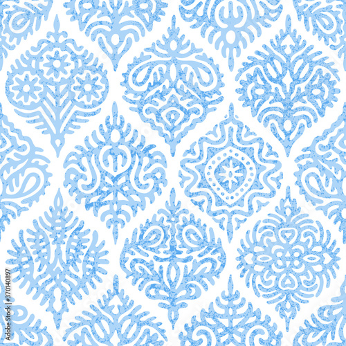 Seamless watercolor blue-white pattern. Elegant ornament for textile. Vintage bohemian print. Vector illustration.