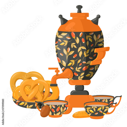 Traditional samovar with floral pattern. Vector illustration for tea drinking.