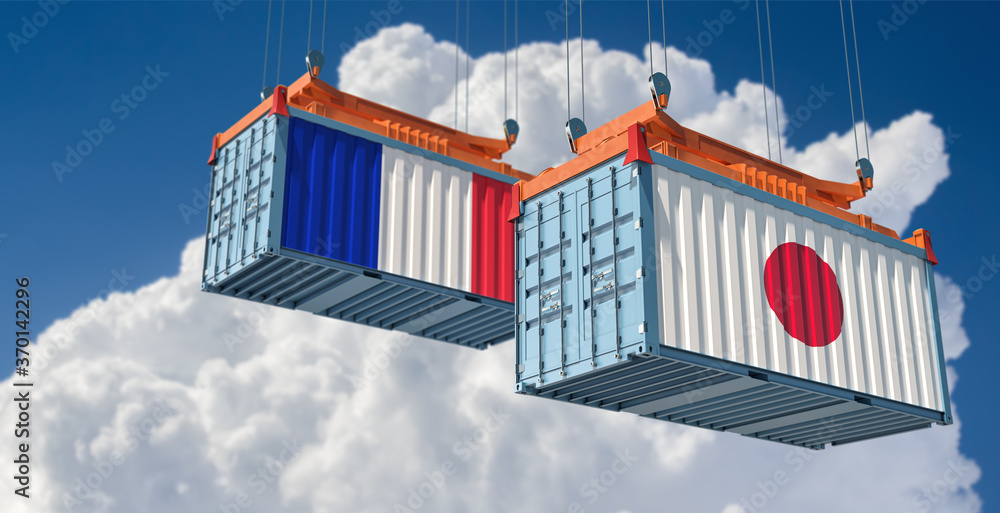 Freight containers with Japan and France flag. 3D Rendering 