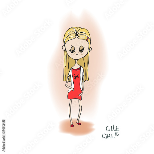 Cute sad little girl in red dress. Illustration. Isolated on white and pink background