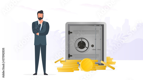 A businessman stands near a safe with gold coins. The concept of a successful business, deposits and income. Vector.